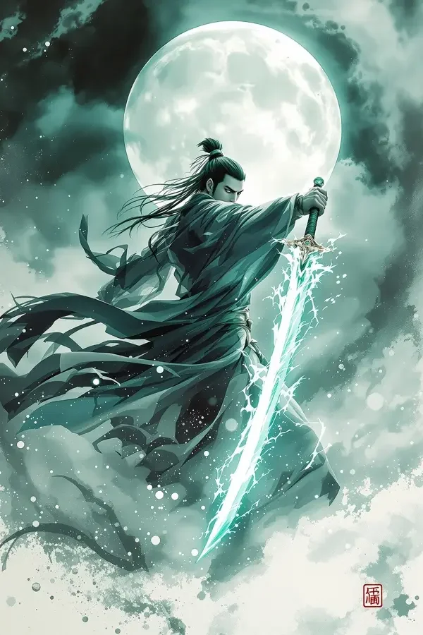电影天堂物件观察：月下绘画人物持一把发亮的长剑